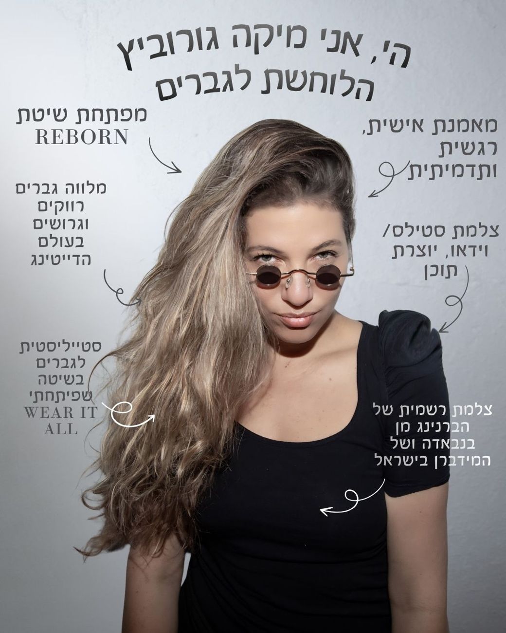 היי, אני מיקה גורוביץ, הלוחשת לגברים: מאמנת אישית, רגשית ותדמיתית, מפתחת שיטת REBORN, סטייליסטית לגברים בשיטת WEAR IT ALL, צלמת רשמית של הברנינג מן ושל מידברן